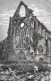 West side of Tintern Abbey, Abaty Tyndyrn, monastery ruin in the Welsh Wye Valley near the village