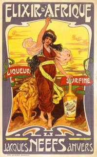 Advertising poster, beverage advertisement, promotional poster for Elixir d'Afrique. The Jacques