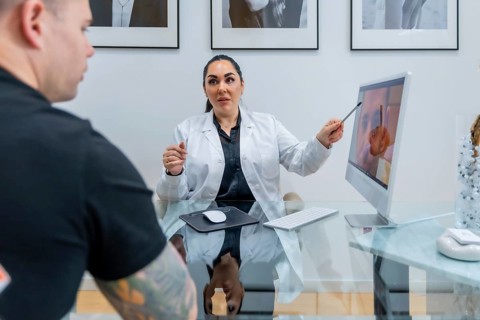 Doctor in a lab coat is showing a patient images on a computer screen, explaining aesthetic