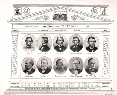 A document entitled *American Statesmen (1861–1901) * features portraits of prominent US statesmen