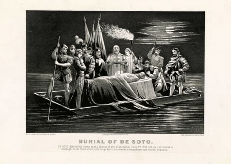 Burial of conquistador Hernando de Soto in the Mississippi. The nighttime scene depicts how the