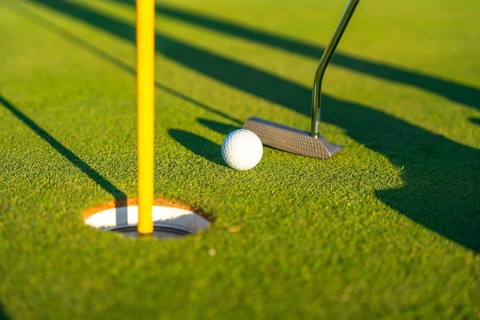 Close-up photo of a golf club, ball and hole in a green golf course