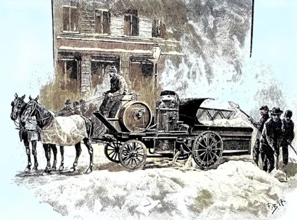 Snow melting machine in New York, coloured wood engraving, reproduction of an original from ca