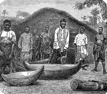 Africa, Men of the Lovango people with drums, around 1870, Historical, digital reproduction of an
