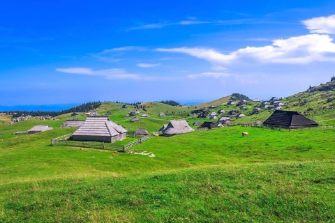 Scenic mountain pasture of velika planina in slovenia features traditional wooden houses amidst