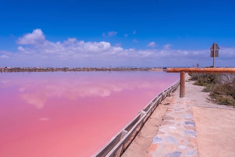 Calm pink water reflecting the sky and clouds in the salt flats of san pedro del pinatar, a popular