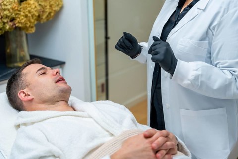 Man reclining in a robe on a treatment bed as a doctor in a lab coat and black gloves readies a