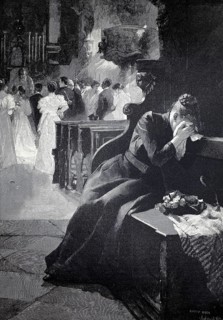A grieving woman sitting in a church or a bench and hiding her face in her hands, in the background