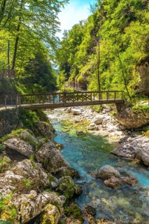 Turquoise colored tolminka river flowing through tolmin gorges in triglav national park, with a