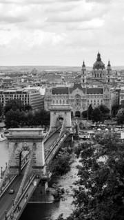 This black and white image captures the panoramic view of Budapest, Hungary, including the iconic