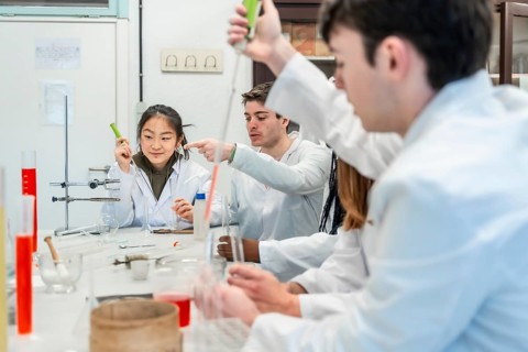 University students in lab coats conducting a chemistry experiment, collaborating and learning