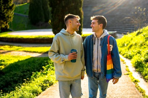 Young caucasian gay couple holding hands and walking in a park, enjoying a sunny day together