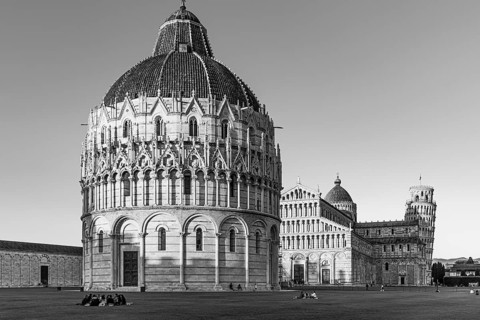 Baptistery Baptistery, behind the Cathedral of Santa Maria Assunta and the Leaning Tower, black and