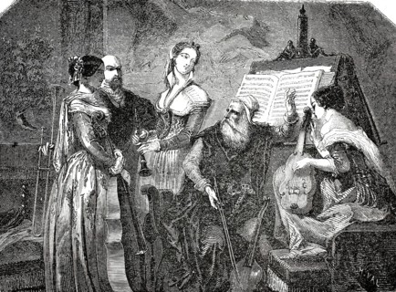 Palestrina's music stand. The scene depicts a historical performance or rehearsal from the era of