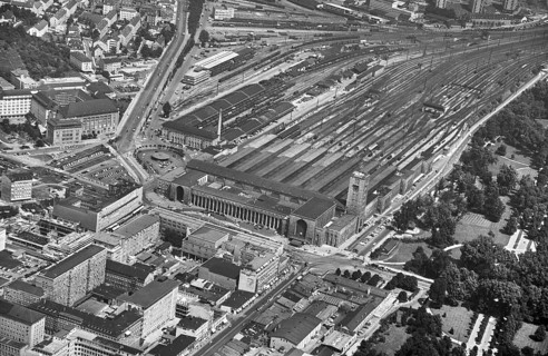 Historical aerial view of Stuttgart harbour on the Neckar, Stuttgart, Baden-Württemberg, Germany,