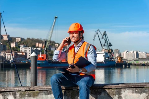 Young male port worker wearing safety helmet and vest, holding clipboard and talking on a mobile