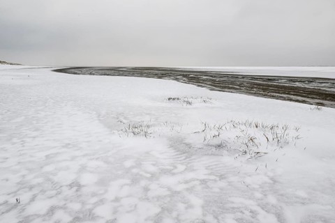 North Sea beach in snow, Langeoog, Lower Saxony, Germany