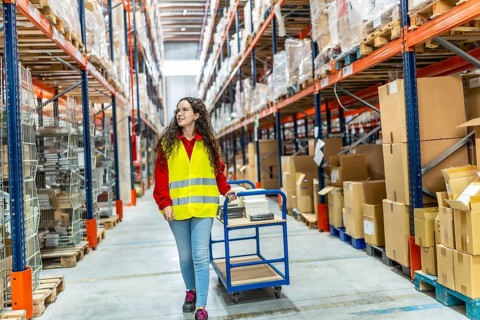 Female young worker moving boxes with cart in distribution warehouse