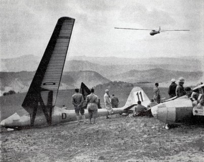 Flight operation in the Rhön, glider at the Wasserkuppe, 1934, Hesse, Germany, illustration,