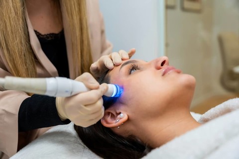 Woman enjoying a rejuvenating hydrafacial treatment with a therapist in a professional aesthetic