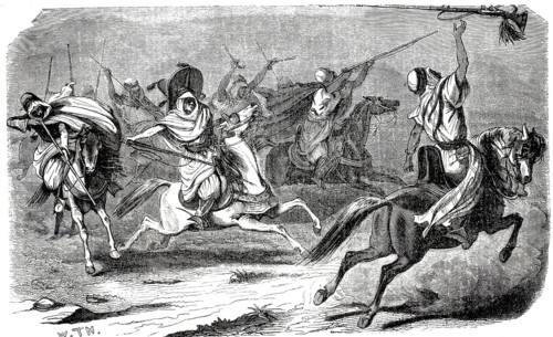 19th century illustration depicts the Moroccan Fantasia tradition known as Tbourida. Scene depicts