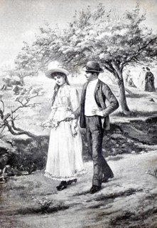 Spring awakening, young couple walking under blooming trees, authentic, digitally restored