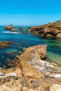 Coast of Plage du Port Vieux on a summer afternoon. Municipality of Biarritz, department of the
