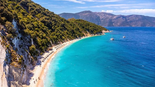 Aerial view of the paradise beach of Gidaki on the island of Ithaki or Ithaca in the Ionian sea in