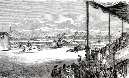 19th century engraving depicts a horse race, steeplechase, in Cascine Park in Florence, in which a