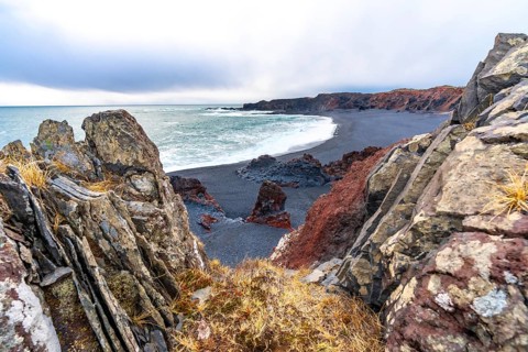 Picturesque Djupalonssandur beach on the Snaefellsnes peninsula in winter in Iceland