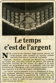 Montre Kallista, dessinée par le peintre Raymond Moretti et faite par Vacheron Constantin
(article paru dans France-Soir, 28 février 1985)