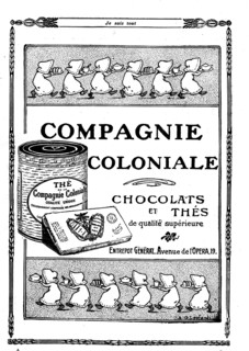 Publicité pour les chocolats et thés de la Compagnie coloniale in le journal "Je sais tout"