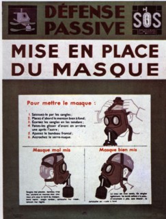 Propaganda poster for the Civil Defense: putting on a gas mask