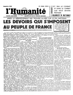 Une du journal "L'Humanité" après le débarquement allié