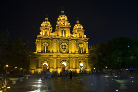 Night Scene of The Church in Wangfujing District,Beijing