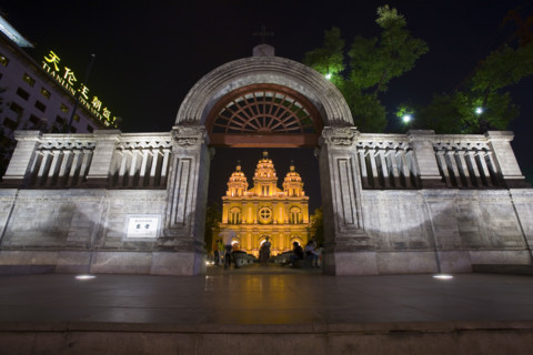 Night Scene of The Church in Wangfujing District,Beijing
