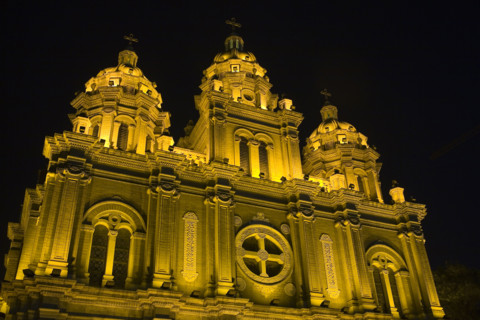 Night Scene of The Church in Wangfujing District,Beijing