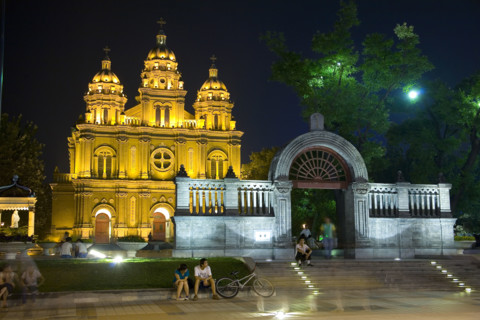 Night Scene of The Church in Wangfujing District,Beijing