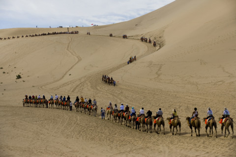 A Group of People Riding Camels in the Desert