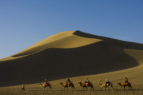 A Group of People Riding Camels in the Desert