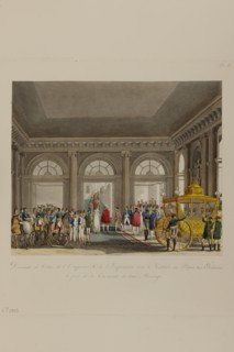 Descente de voiture de Napoléon 1er et Marie-Louise d'Autriche  sous le vestibule de Palais des Tuileries, le jour de la cérémonie de leur mariage (2 avril 1810)