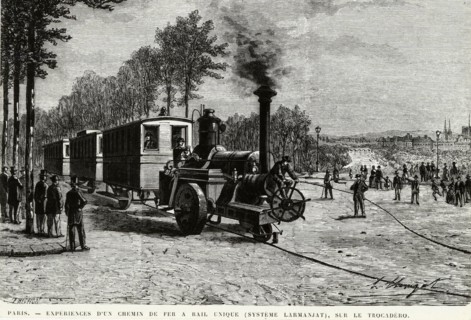 Expériences d'un chemin de fer à rail unique, le système Larmanjat, sur le Trocadéro