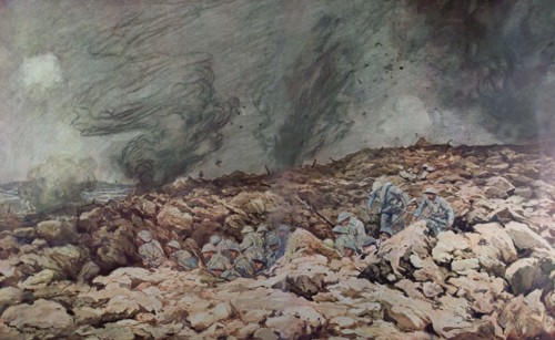 World War I. Soldiers progressing under a barrage fire