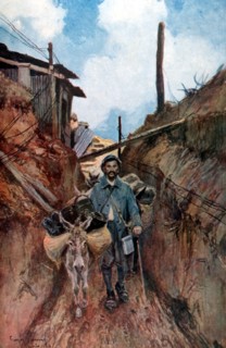 François Flameng, dans la Somme en 1916, le ravitaillement dans les tranchées, près de Lihons