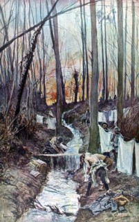 François Flameng, dans le bois de Roucy (Aisne), la toilette des poilus la veille de la bataille