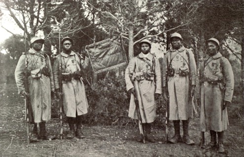 Senegalese infantrymen decorated with the fourragère, 1917
