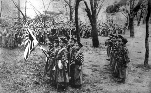 Japanese schoolboys practice marching in ranks (1919)