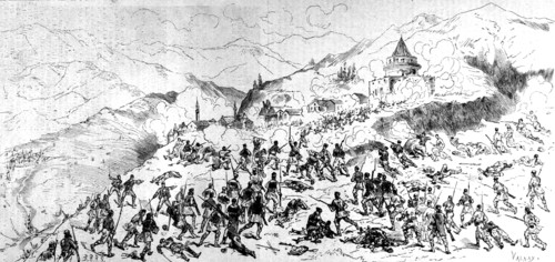 Insurgents of Herzegovina driving back the Turks in the Niksik blockaus. In "Le Monde Illustré", 1876