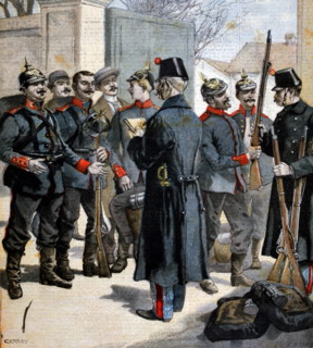 A squad of Alsaciens, dragooned in Germany, desert. In "Le Petit Journal", 3-8-1896