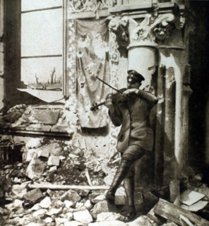 German officer playing the violin in the demolished church of Combles